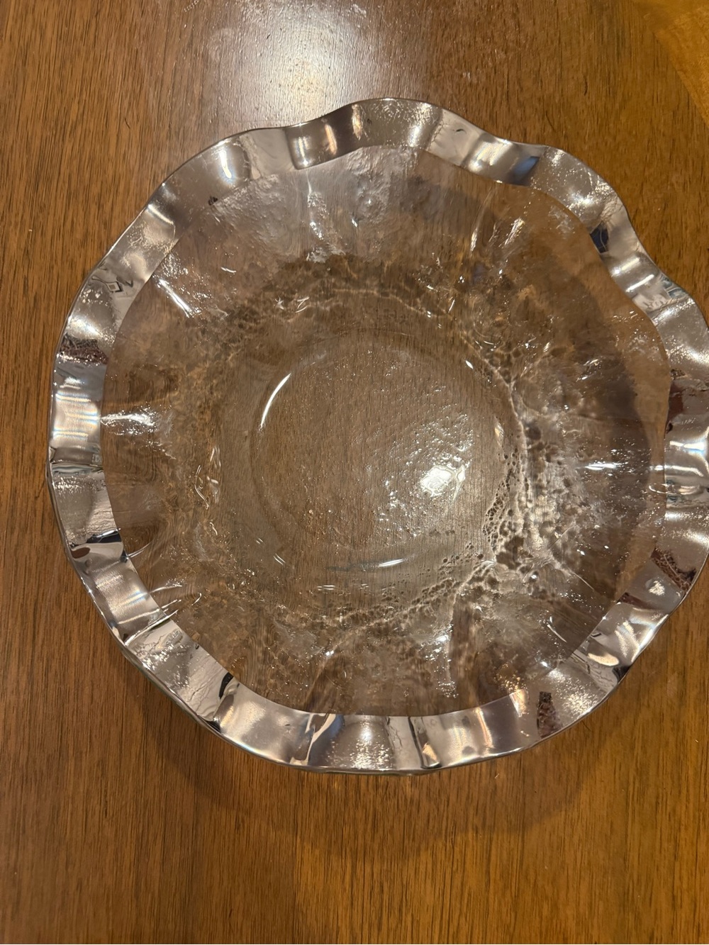 Signed annieglass Glass Decorative Bowl - Clear - with silver ruffle border